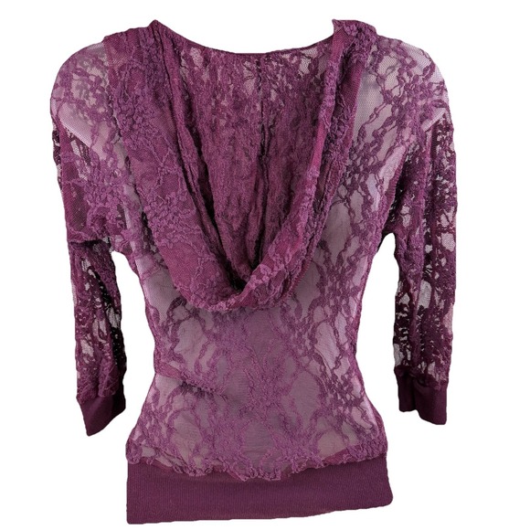 Vanity Y2K Burgundy Women's Grunge Sheer Lace 3/4 Sleeved Hoodie Cowl Neck Sz M - Picture 3 of 8